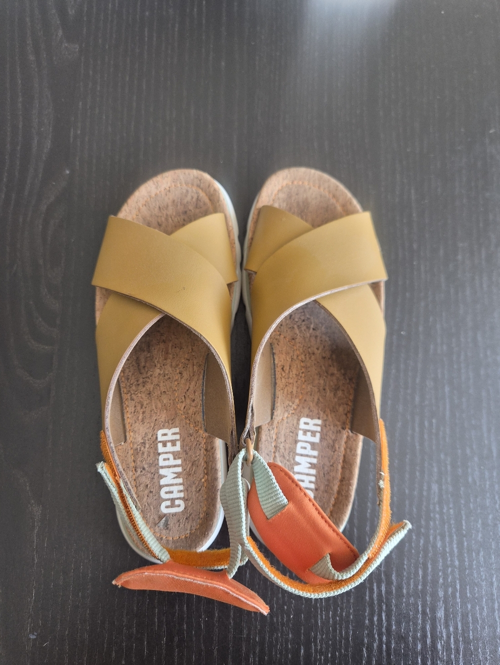 Camper Mustard Yellow Crisscross Sandals with Orange and Sage Straps 38